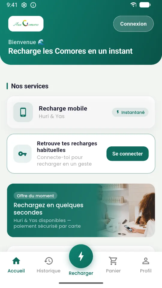 Écran d'accueil de l'application mobile AuxComores