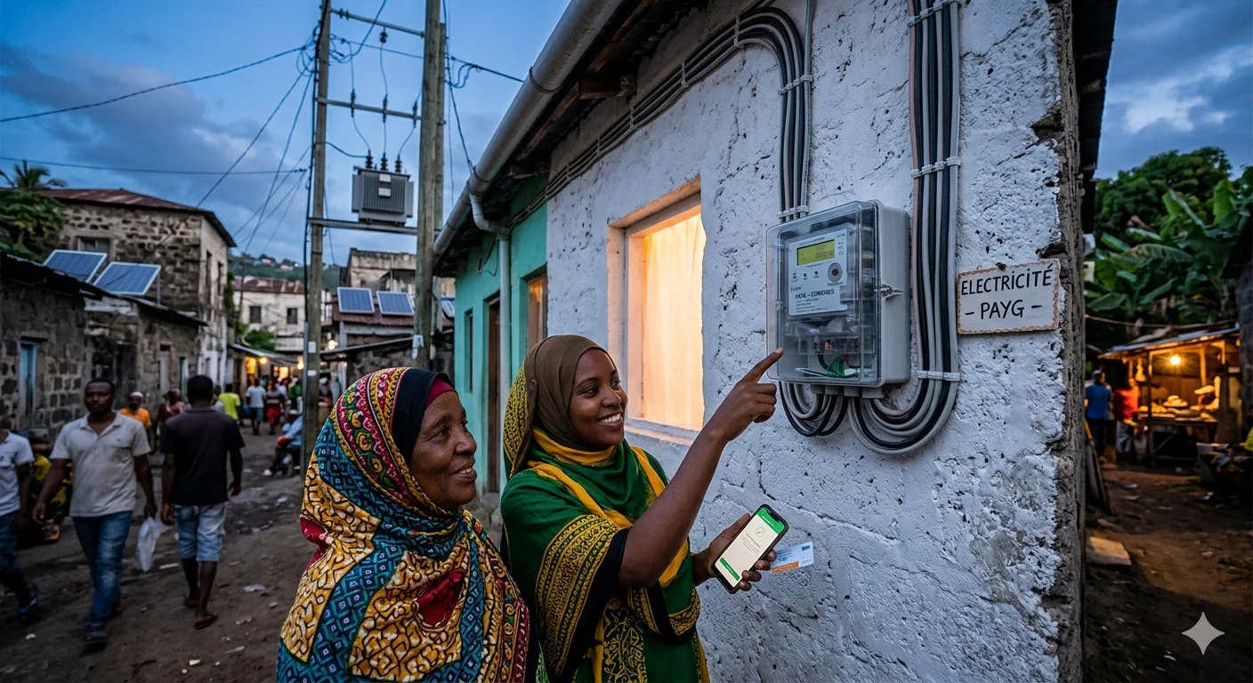 Deux femmes comoriennes devant leur compteur électrique SONELEC